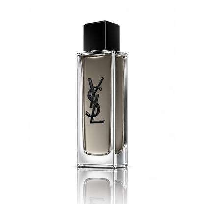Yves Saint Laurent MYSLF Eau de Toilette men's fragrance bottle with clear glass, smoky grey fragrance, black YSL logo and square black cap on white background
