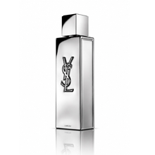 Yves Saint Laurent MYSLF L’Absolu men's fragrance bottle with reflective silver finish, black YSL logo and square metallic cap on white background
