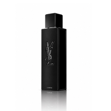 Yves Saint Laurent MYSLF Le Parfum men's fragrance bottle with matte black finish, black YSL logo and square cap on white background