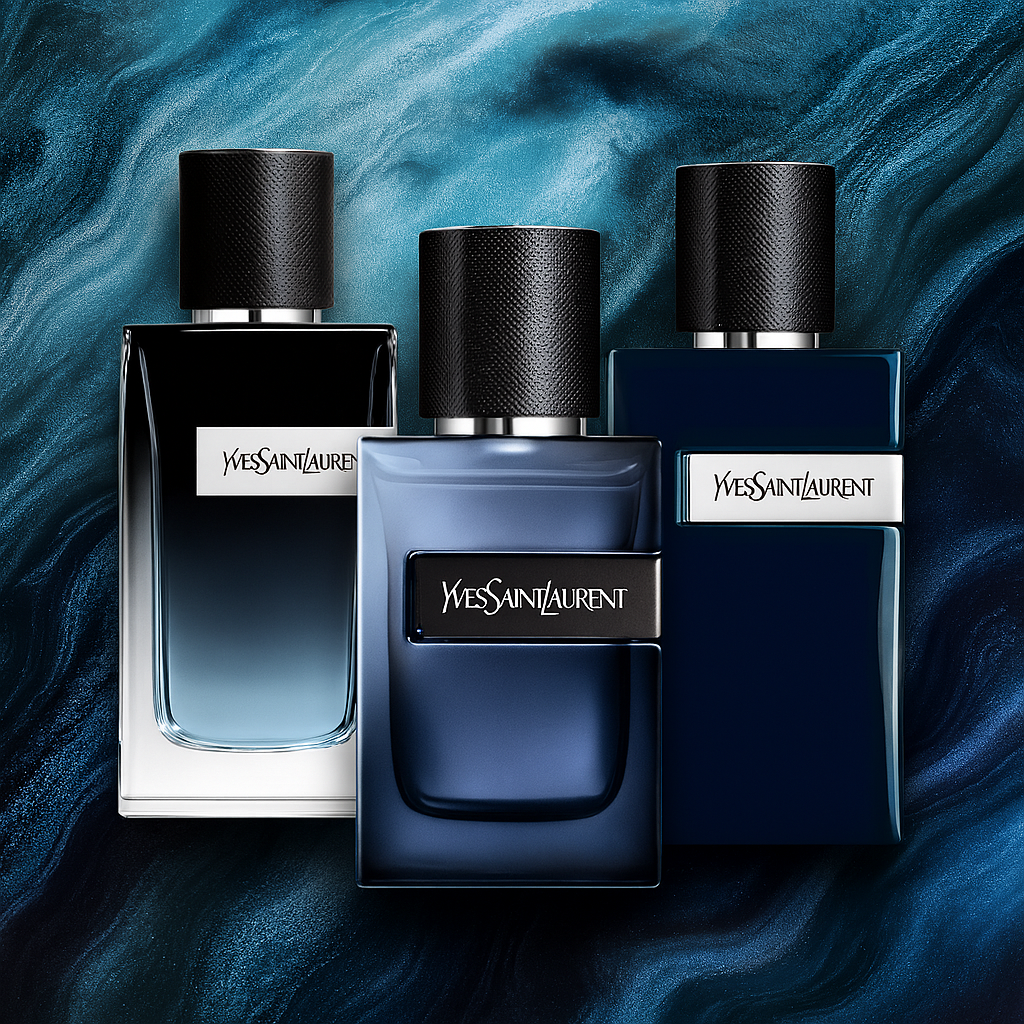 YSL Y Discovery Set trio with Eau de Parfum, L’Elixir, and Le Parfum on deep blue artistic background