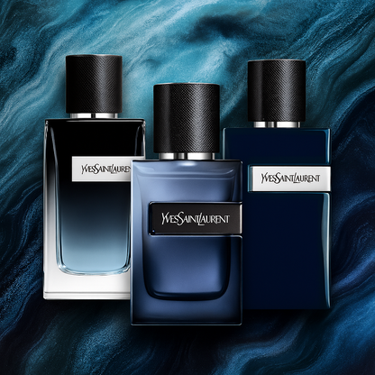 YSL Y Discovery Set trio with Eau de Parfum, L’Elixir, and Le Parfum on deep blue artistic background
