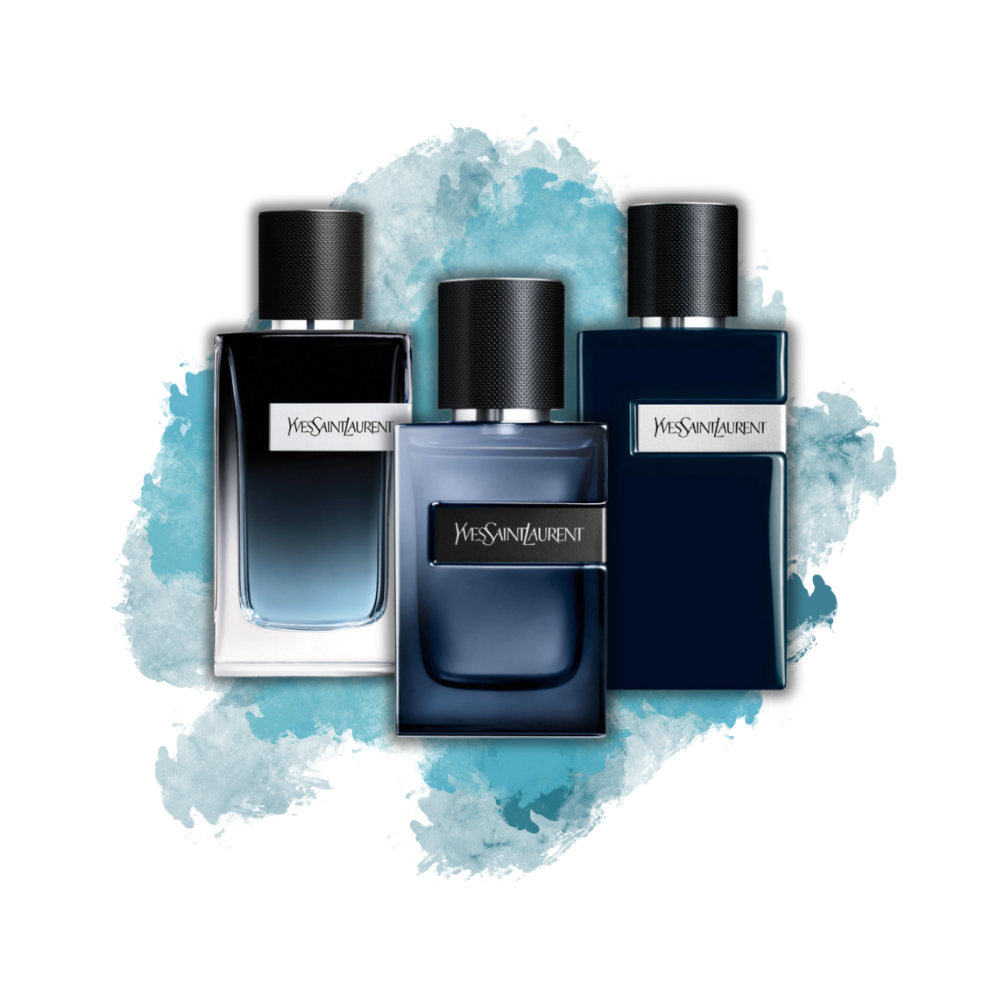 YSL Y EDP, YSL Y L'Elixir, and YSL Y Le Parfum with a blue watercolor background