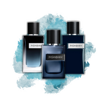 YSL Y EDP, YSL Y L'Elixir, and YSL Y Le Parfum with a blue watercolor background