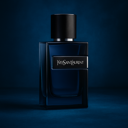 Yves Saint Laurent Y Elixir Cologne Bottle on Dark Blue Background – YSL Y Elixir for Men
