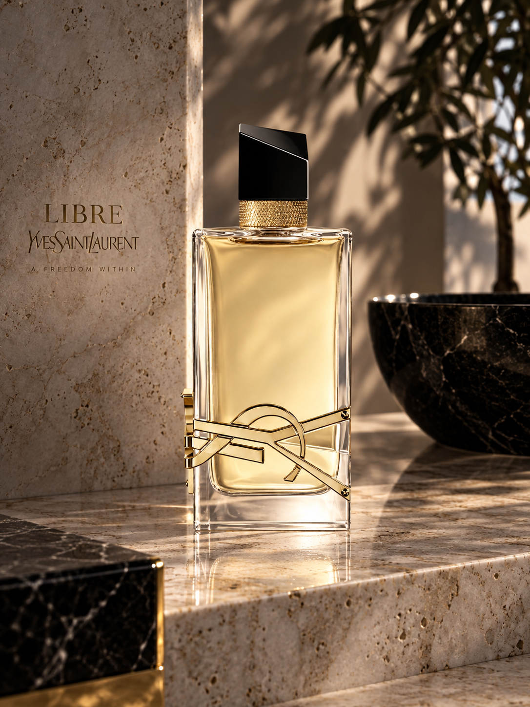 Yves Saint Laurent Libre Eau de Parfum women's fragrance bottle in a luxurious sunlit setting with beige marble, black accents and warm golden lighting