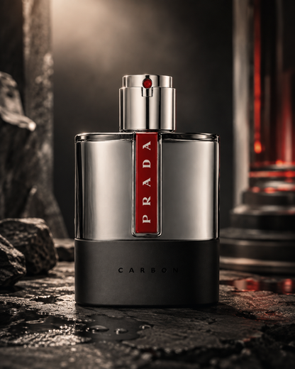 Prada Luna Rossa Carbon Eau de Toilette bottle in a dark industrial setting with black stone and red accents