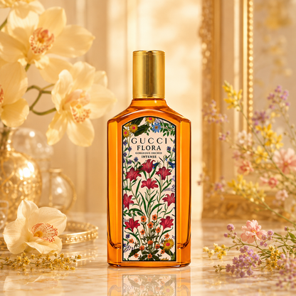 Gucci Flora Gorgeous Orchid Intense Eau de Parfum bottle surrounded by orchids and flowers in a warm luxury setting