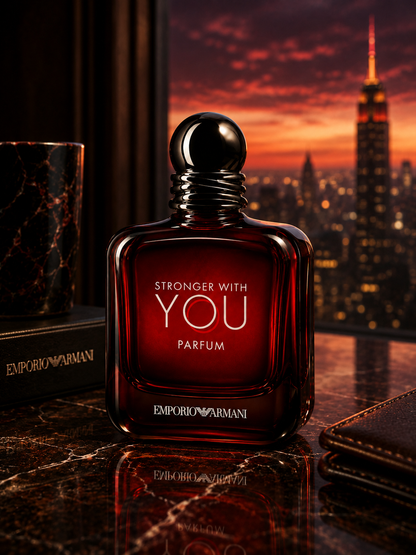 Emporio Armani Stronger With You Parfum men's fragrance bottle in a luxury New York setting with deep red amber lighting and Empire State Building sunset view