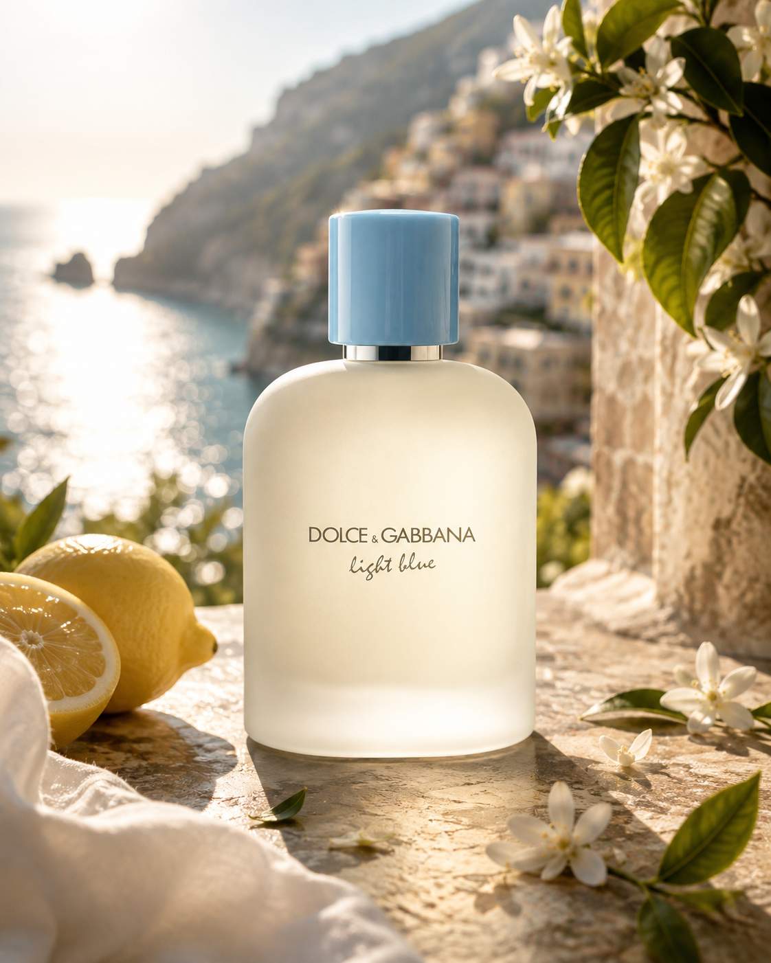 Dolce & Gabbana Light Blue Pour Homme EDT men's fragrance bottle on the Italian Mediterranean coast with fresh lemons and white citrus blossoms