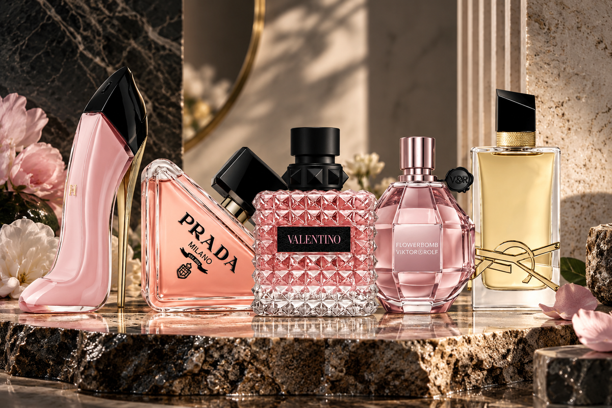 For Her Signature Collection Set featuring five luxury women's fragrances from Valentino, YSL, Carolina Herrera, Prada and Viktor&Rolf in an elegant floral marble setting