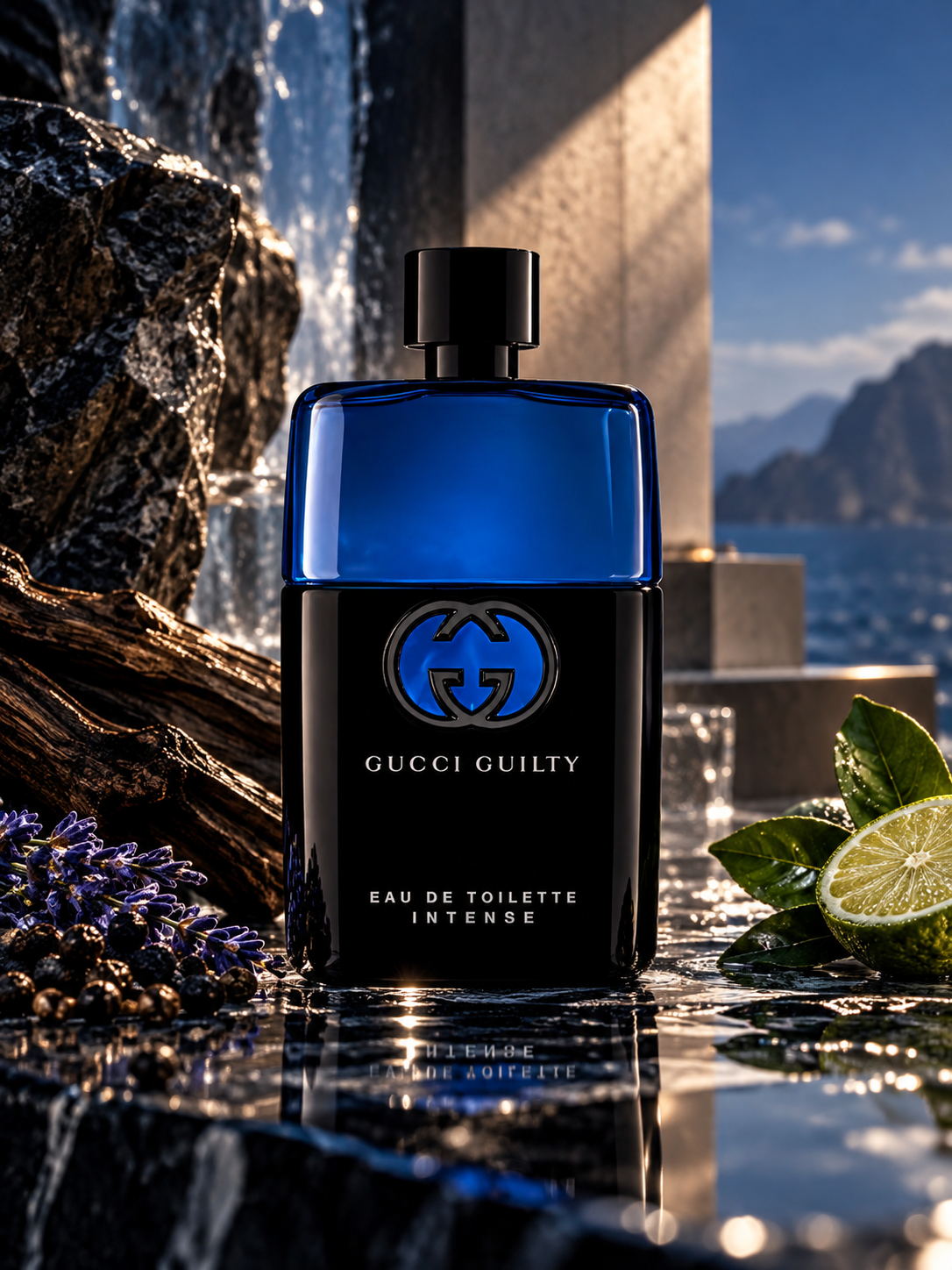Gucci Guilty Eau de Toilette Intense Pour Homme men's fragrance bottle in a dramatic coastal setting with lavender, citrus, dark woods and wet black stone
