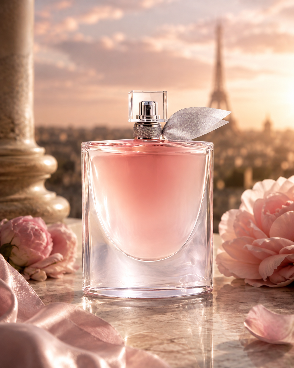 Lancôme La Vie Est Belle Eau de Parfum bottle with pink flowers in an elegant Paris setting at sunset