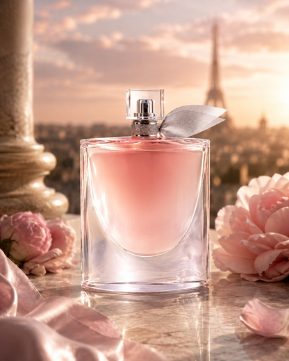 Lancôme La Vie Est Belle Eau de Parfum bottle with pink flowers in an elegant Paris setting at sunset