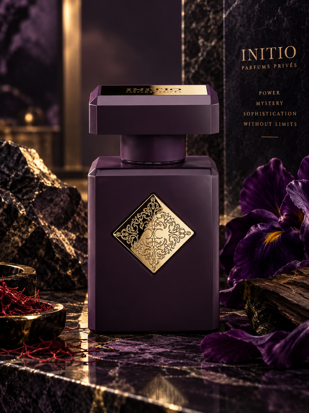 Initio Side Effect Eau de Parfum bottle in a luxurious dark purple setting with iris flowers, saffron, black stone and warm gold lighting