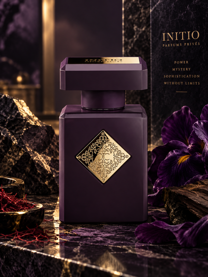 Initio Side Effect Eau de Parfum bottle in a luxurious dark purple setting with iris flowers, saffron, black stone and warm gold lighting