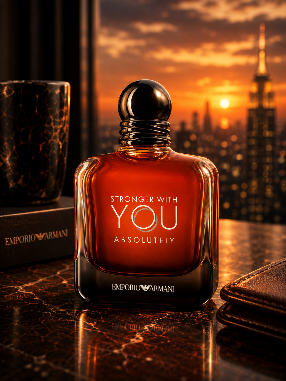 Emporio Armani Stronger With You Absolutely Parfum men's fragrance bottle in a luxury New York setting with warm amber sunset and Empire State Building view