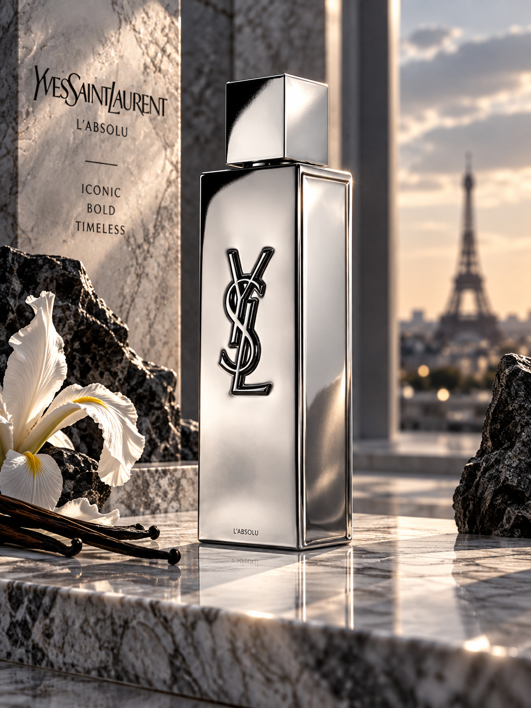 Yves Saint Laurent MYSLF L’Absolu men's fragrance bottle in a luxurious Paris setting with silver marble, white iris, vanilla and Eiffel Tower sunset view