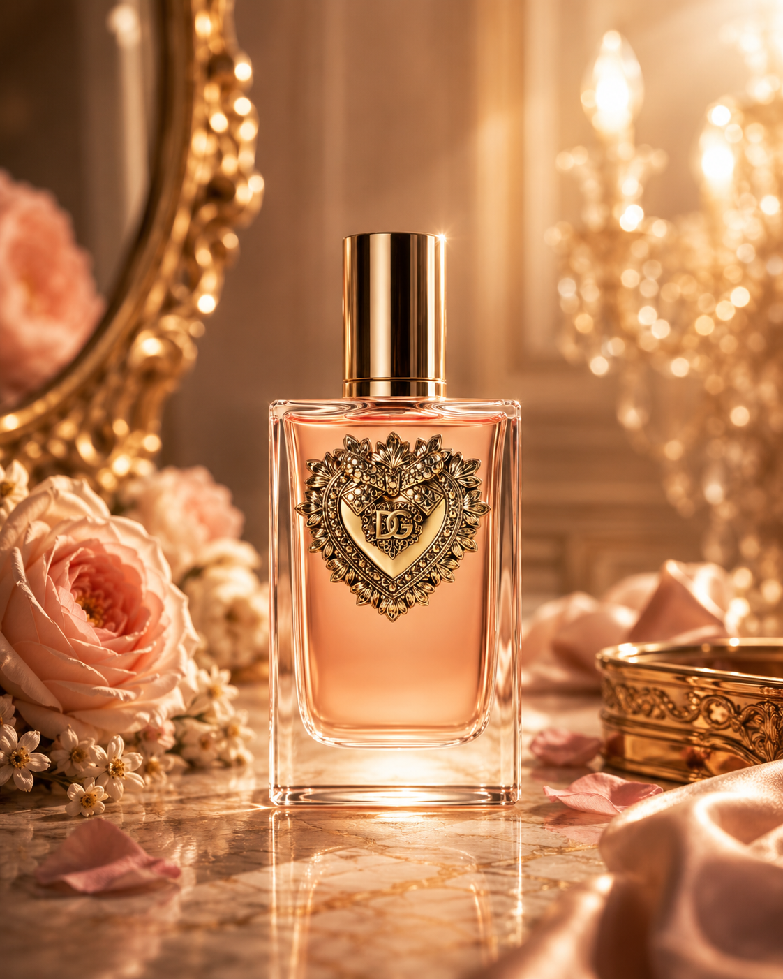 Dolce & Gabbana Devotion Eau de Parfum bottle in a luxurious floral setting with pink flowers, gold accents, and warm ambient lighting