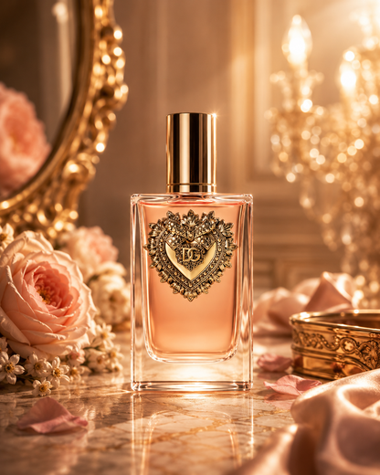 Dolce & Gabbana Devotion Eau de Parfum bottle in a luxurious floral setting with pink flowers, gold accents, and warm ambient lighting
