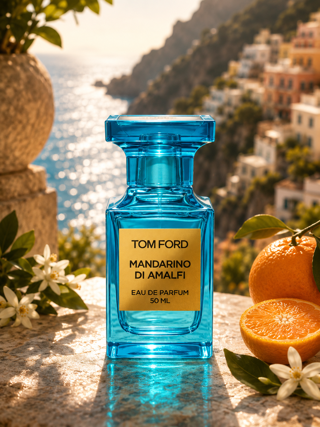Tom Ford Mandarino di Amalfi Eau de Parfum bottle on the Amalfi Coast with fresh mandarins, orange blossoms and Mediterranean seaside scenery